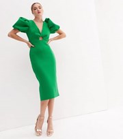 New Look Green Scuba Twist Front Short Puff Sleeve Midi Dress